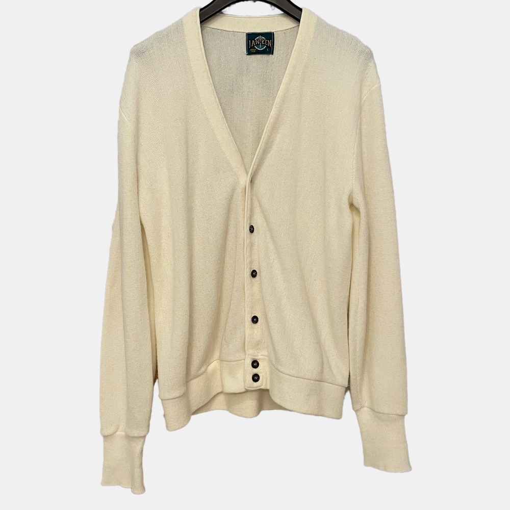 Vintage Jantzen Mens Cream Cardigan Sweater Made in USA Large Grandpa Style